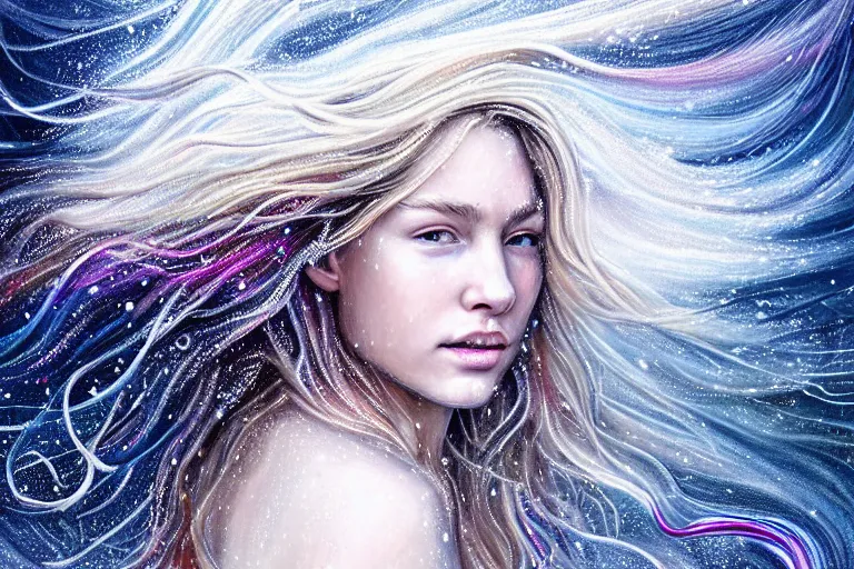 Image similar to highly detailed portrait of a beautiful girl running in snow with wet blonde hair and pale face, swirling wispy tendrils, bright scattered rainbow-colored particles, fantasy, intricate, elegant, dramatic lighting, emotionally evoking symbolic metaphor, highly detailed, lifelike, photorealistic, digital painting, artstation, concept art, smooth, sharp focus, illustration, art by John Collier and Albert Aublet and Krenz Cushart and Artem Demura and Alphonse Mucha