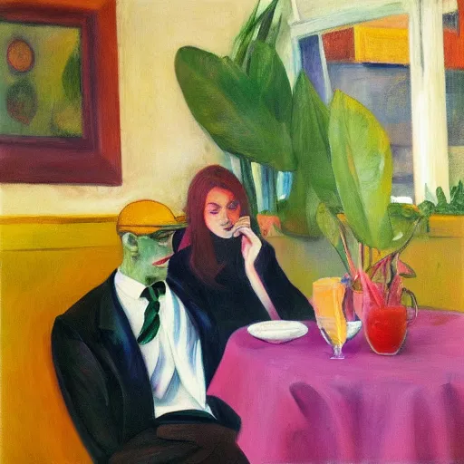 Image similar to an excited couple redefining love in a caffe surrounded by plants, expressionist painting by Francis Bacon and Edward Hopper, artstation