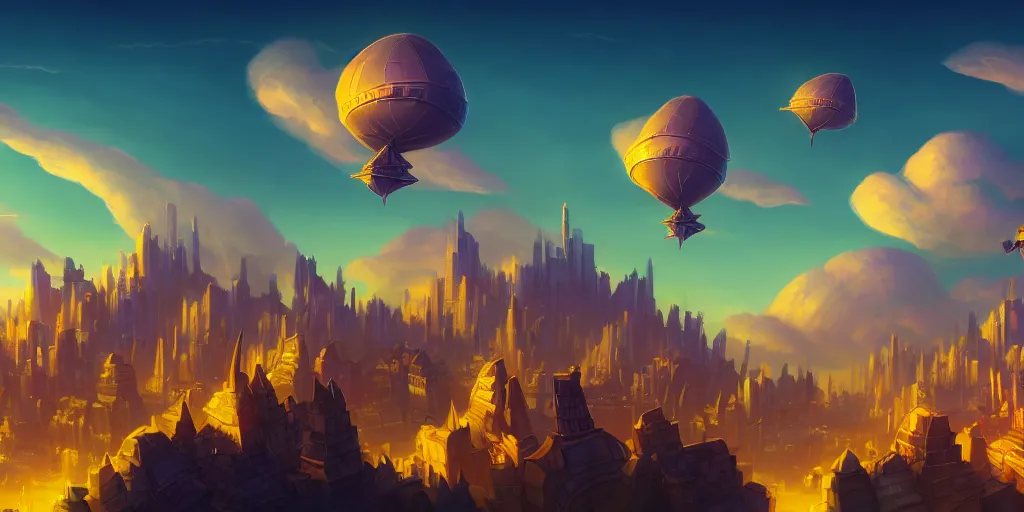 Image similar to the city in the of piltover, in the style from netflix's arcane, blimps in the sky, blue skies, soft clouds, trending on artstation