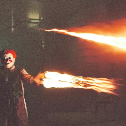 Image similar to photo of a clown using a flamethrower projecting a long flame. Cinematic, epic