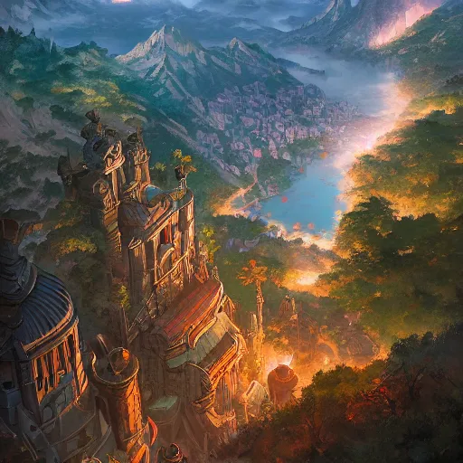 Image similar to a birds eye view overlooking an ancient fantasy city surrounded by mountains and trees of greens and browns, rivers and lakes, the city is burning by Jordan Grimmer, Asher Brown Durand and Ryan Dening, 8k, artstation, beautiful color pallette