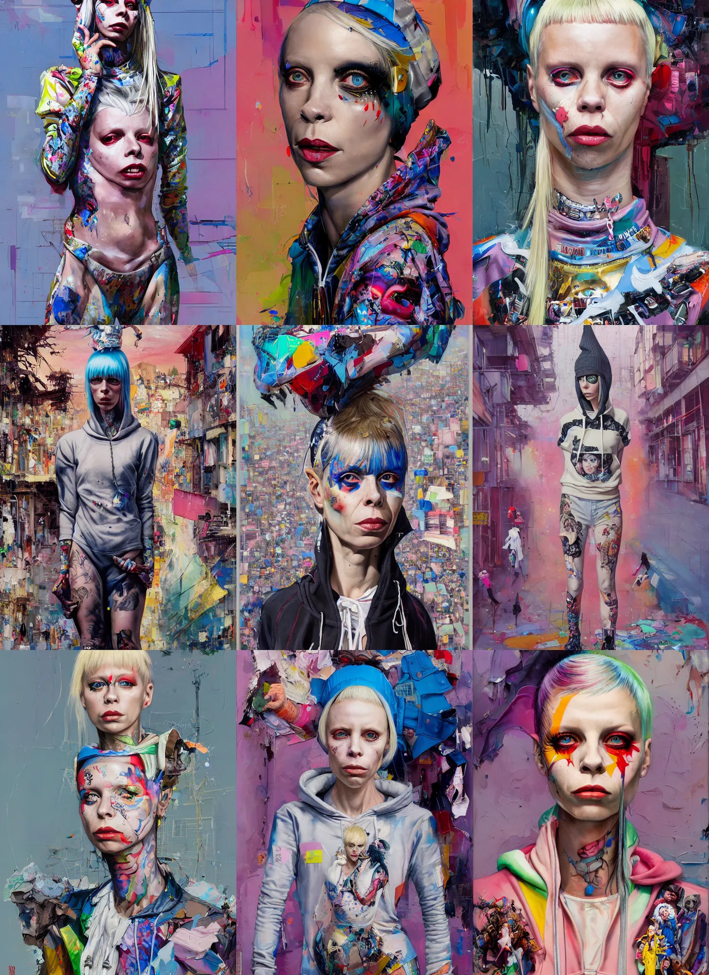 Prompt: yolandi visser in the style of martine johanna and donato giancola, wearing a hoodie, standing in a township street, street fashion outfit,!! haute couture!!, full figure painting by john berkey, david choe, ismail inceoglu, pastel color palette, detailed impasto, 2 4 mm lens