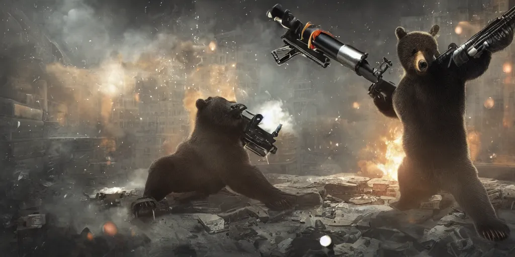 Prompt: bear holding a minigun and firing into a building, realistic 4 k octane beautifully detailed render, 4 k post - processing, highly detailed, intricate complexity, epic composition, magical atmosphere, cinematic lighting, masterpiece, ultra hd