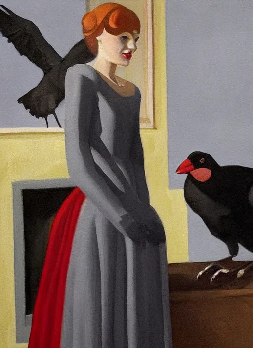 Image similar to a painting of AnnaSophia Robb, frozen cold stare, blood red background and transparent gray dress, crows as a symbol of death, in style of Edward Hopper, John Singer Sargant, American Gothic