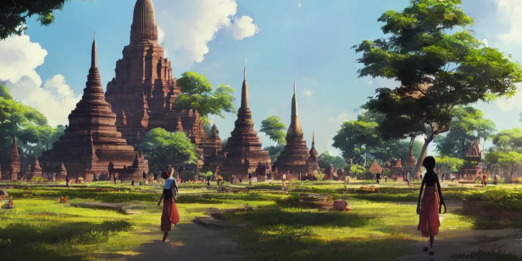 Prompt: a matte of sukhothai in the sunny day, lovely, high quality realistic human, crowded landscape, japanese anime, volumetric lighting, art by makoto shinkai