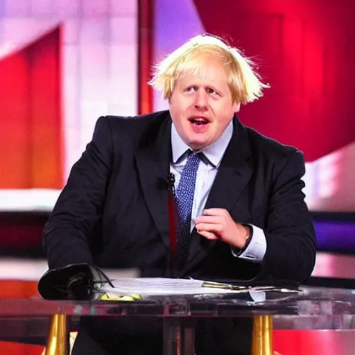 Prompt: boris johnson singing on americas got talent with a microphone | tomatoes and anchors being thrown 4 k photograph