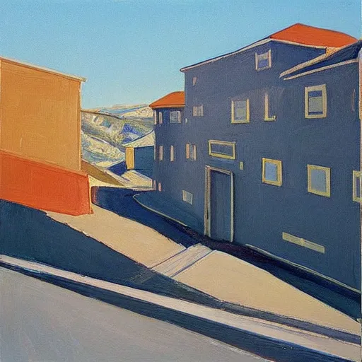 Prompt: “Wayne thiebaud painting of hilly streets and blue skies”