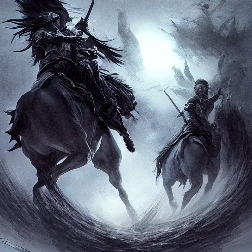 Image similar to concept art by artgerm, death of the four horsemen of the apocalypse, soft grey and blue natural light, intricate, queen of death riding, highly detailed dark art, digital painting, artstation, concept art, smooth, sharp focus, illustration, art by greg rutkowski and luis rollo and uang guangjian and gil elvgren, symmetry!