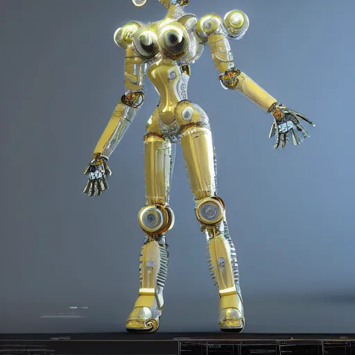 Image similar to octane render, a complex high poly cinematic 3 d model of a giant robotic android woman made out of white porcelain with complex golden inlays, jewel tone glowing eyes, fiber optic hair, inside a black and gold rococo palace, 8 k, unreal enging, cinema 4 d, cinematic angle