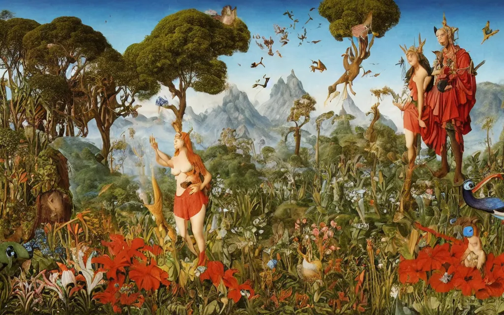 Image similar to a portrait photograph of a meditating harpy and a centaur king feeding tropical animals at a wide river delta. surrounded by bulbous flowers, animals, trees and mushrooms. mountain range under a vast blue sky of burning stars. painted by jan van eyck, max ernst, ernst haeckel and artgerm, cgsociety, artstation, fashion editorial