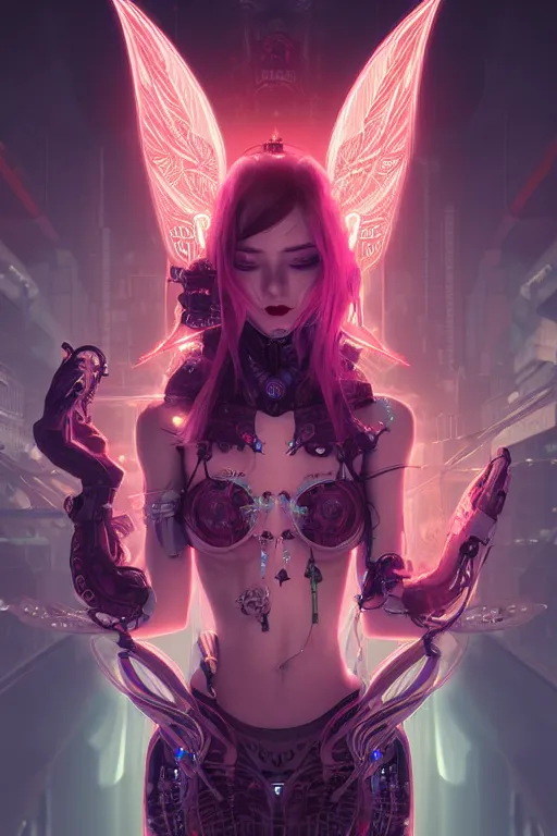 Image similar to portrait futuristic Devil Girl with horns and wings, in future cyberpunk tokyo rooftop , ssci-fi, fantasy, intricate, very very beautiful, elegant, human anatomy, neon light, highly detailed, digital painting, artstation, concept art, smooth, sharp focus, illustration, art by tian zi and WLOP and alphonse mucha