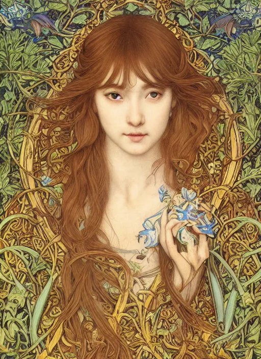 Image similar to masterpiece beautiful seductive flowing curves preraphaelite face portrait photography, extreme close up shot, straight bangs, thick set features, yellow ochre ornate medieval dress, miho hirano, amongst foliage mushroom forest circle arch, william morris and kilian eng and mucha, framed, 4 k