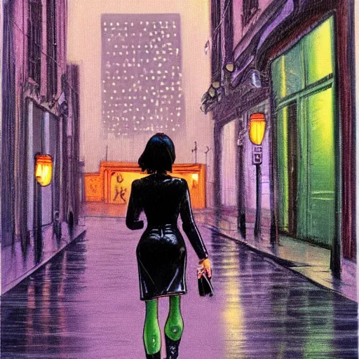 Image similar to girl in leather jacket walking down rainy city street at night, surreal, artwork by Ralph Bakshi