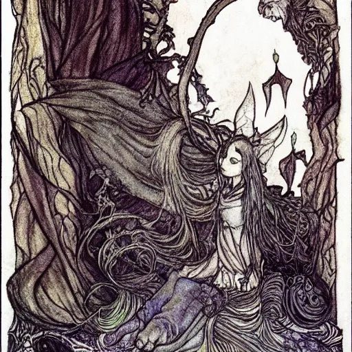 Image similar to cat from the void, illustrations by irish fairy tales james stephens arthur rackham, fairy tale illustrations, full colour, top cinematic lighting , cinematic mood, very detailed, shot in canon,