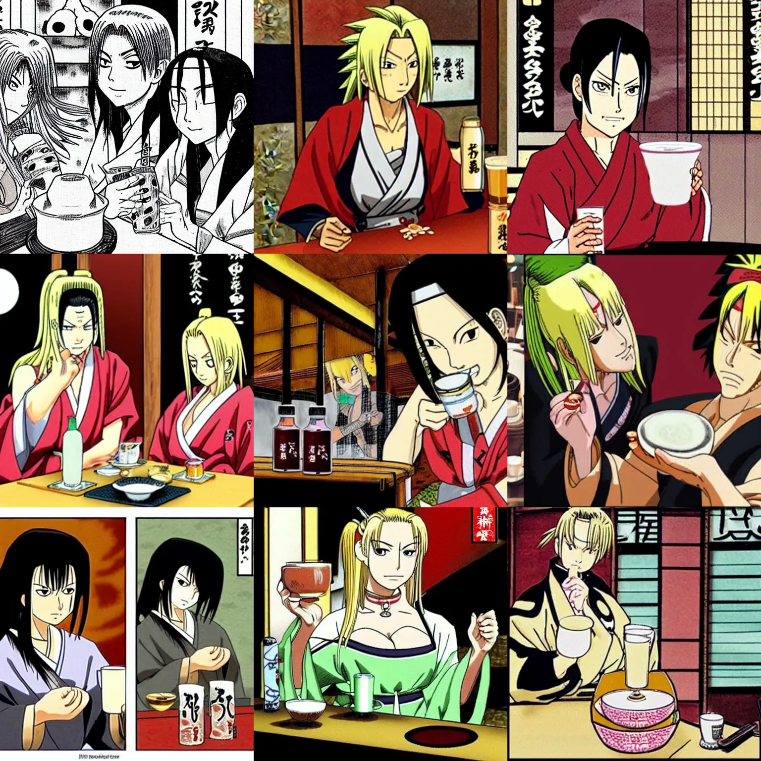 Prompt: Tsunade drinking sake in a japanese pub by Eiichiro Oda in the style of Manga