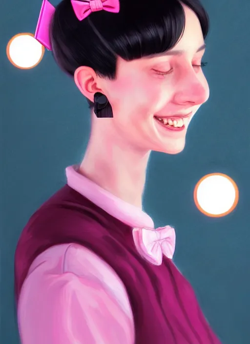 Image similar to portrait of high school girl, realistic, black hair, bangs, half updo hairstyle, pointy nose, skinny, smile, ugly, defined jawline, big chin, pink hair bow, earrings, intricate, elegant, glowing lights, highly detailed, digital painting, artstation, sharp focus, illustration, art by wlop, mars ravelo and greg rutkowski