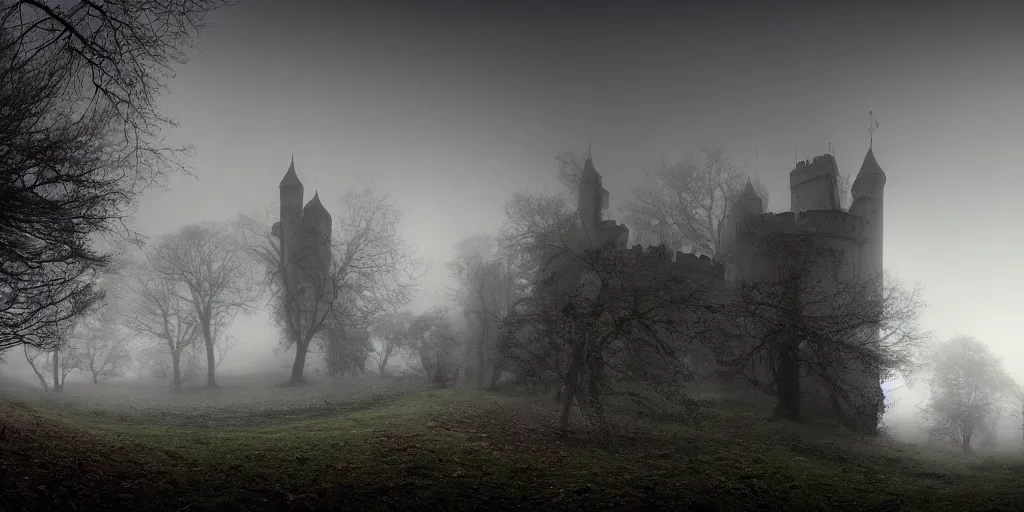 Prompt: castle on the forest, scary, dawn, foggy area, black fog, photorealistic, panoramic shot, 4 k