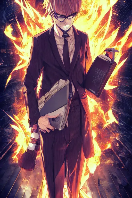 Prompt: manga cover, orange-headed businessman, intricate cyberpunk city, emotional lighting, character illustration by tatsuki fujimoto, chainsaw man, fire punch