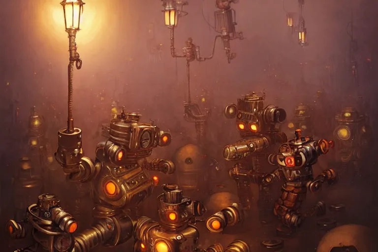 Prompt: steampunk robots dancing by otto dix and greg rutkowski and andreas rocha, cinematic lighting, highly detailed, warm colours, 4 k