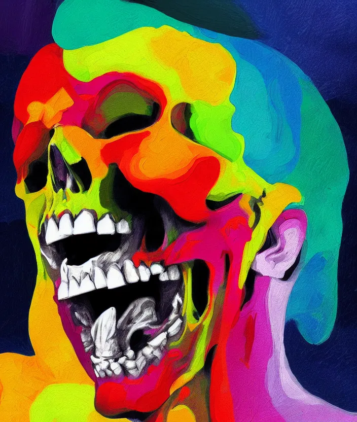 Image similar to a colorful portrait painting of a screaming man with a skull as his head, in the style of stephen gibb, digital art, 4 k,