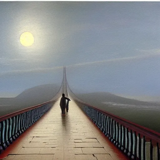 Image similar to A beautiful painting of person walking on the bridge , moon shining in the sky, trending on artstation, oil on canvas by Casper David Friedrich