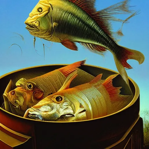 Image similar to a fish on the top of a pile of fish, inside a cooking pot, side view, by vladimir kush, dystopian aer, rococo