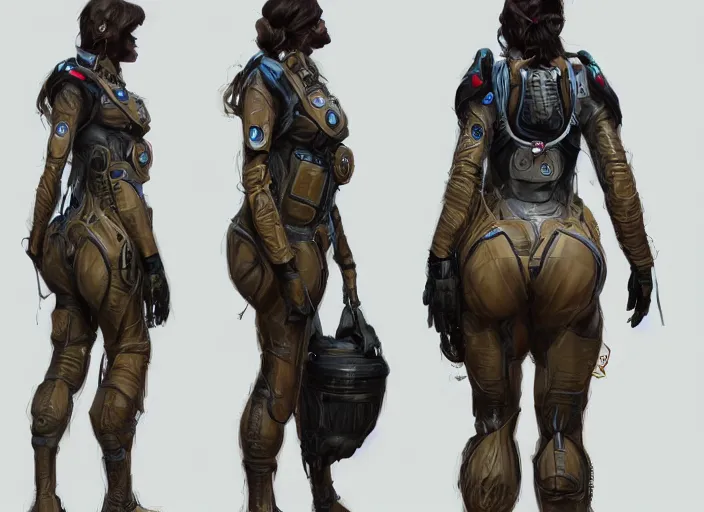 Prompt: front and back character view of a woman in scientist's jacket with a system of straps and pouches for collecting material by Donato Giancola, Trending on artstation, cgsociety and pixiv clean sci-fi concept art and sheet