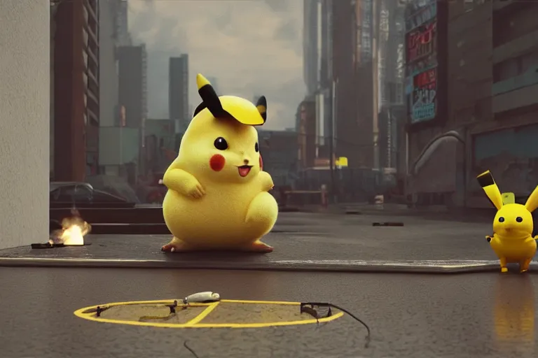 Image similar to hyperrealism simulation hyperrealism pikachu wearing hyperrealism tuxedo and smoking, fishing in hyperrealism scene from hyperrealism cyberpunk movie with many details by wes anderson and denis villeneuve and mike winkelmann rendered in blender and octane render