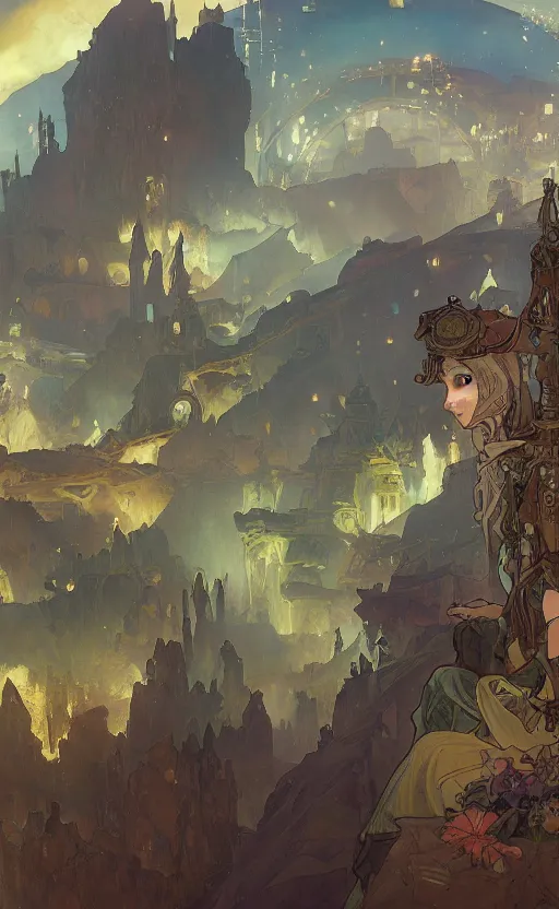 Image similar to A beautiful landscape painting of steampunk landscape by Alfons Maria Mucha and Julie Dillon and Makoto Shinkai