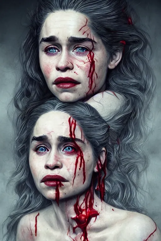 Prompt: woman covered with blood, covered with skeleton tattoo, emilia clarke face!!!, masterpiece portrait, long white hair, beautiful blue eyes, ultra realistic, concept art, intricate details, highly detailed, photorealistic, octane render, 8 k, unreal engine. retro film still, heavy grain, 3 5 mm, art by artgerm and greg rutkowski and alphonse mucha