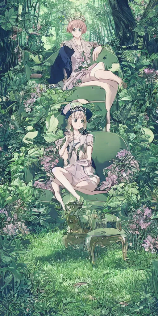 Image similar to the queen of good vibes sitting by herself on a sofa in a forest, drawn by CloverWorks, intricate detail, elegant,