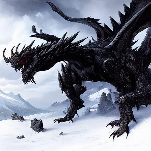 Image similar to giant black dragon in the snowy mountains, fantasy, greg rutkowski