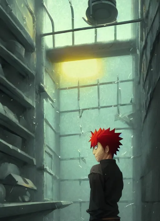 Image similar to highly detailed prison cell with naruto uzumaki with black hair, metal bars in window, powerfully hitting a wall, art by greg rutkowski, loish, rhads, ferdinand knab, makoto shinkai and lois van baarle, ilya kuvshinov, rossdraws, tom bagshaw, global illumination, radiant light, detailed and intricate environment