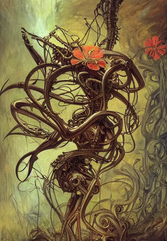 Prompt: simplicity, elegant, colorful muscular eldritch, flowers, bodies, neon, afrofuturism, by h. r. giger and esao andrews and maria sibylla merian eugene delacroix, gustave dore, thomas moran, pop art, giger's biomechanical xenomorph, art nouveau