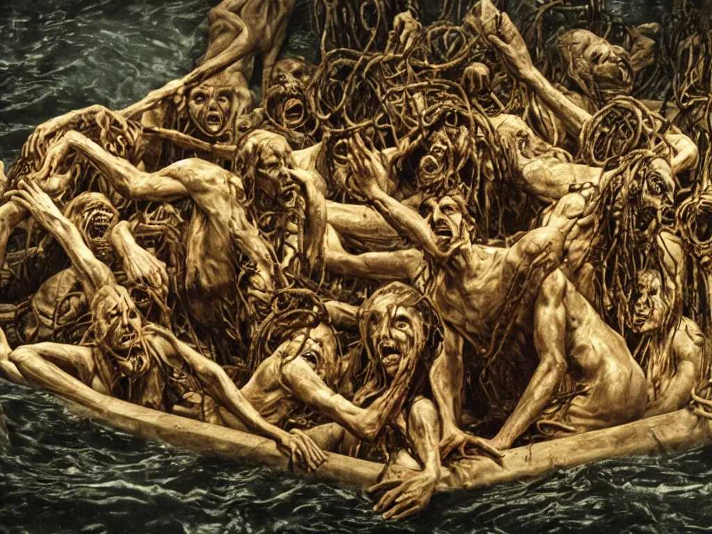 Prompt: the raft of the medusa as a body horror film, Cronenberg, Rick Baker, dramatic film still, daylight, photo real, extremely detailed, wet, slimy, Eastman EXR 50D 5245/7245