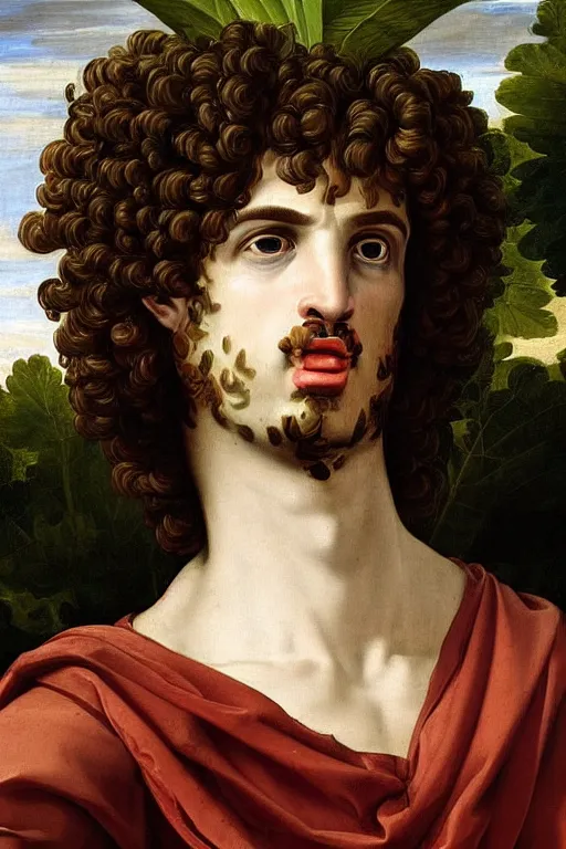 Prompt: renaissance painting of man, short curly hair, evil face, emotions closeup, dressed in roman armour, the beautiful garden with leaves, ultra detailed, art by Guido Reni style, Vincenzo Catena style