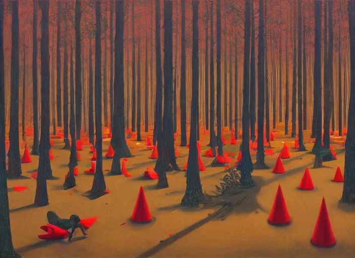 Image similar to a forest with a 5 orange cones scattered about, by surrealist james jean, in the style of francis bacon and edward hopper and beksinski