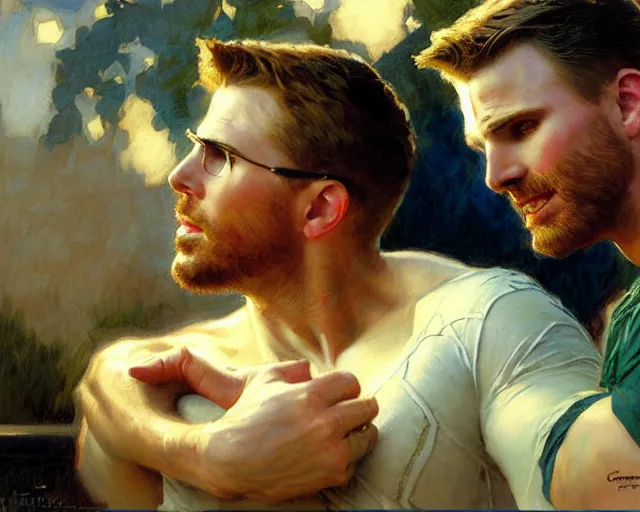 Image similar to stephen amell comforting chris evans, painting by gaston bussiere, craig mullins, j. c. leyendecker