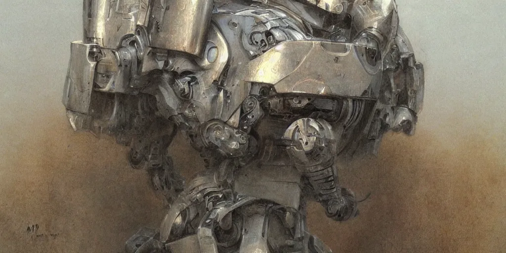 Image similar to a screamed painting of robot by alan lee, trending on artstation