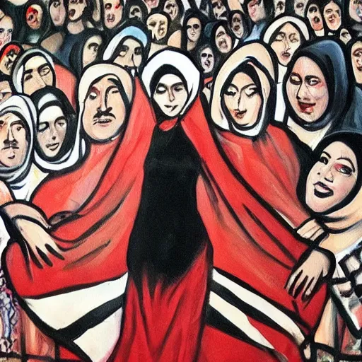 Prompt: dramatic painting of palestinan woman over a black women crowd, palestinian flag