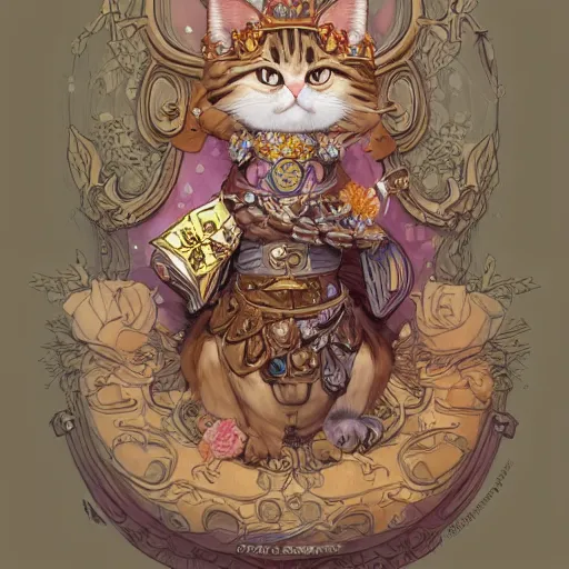 Image similar to A heraldic queen kitty cat with big cute eyes and her paw raised like a maneki-neko and flowers around, D&D, fantasy, intricate, cinematic lighting, highly detailed, digital painting, artstation, concept art, smooth, sharp focus, illustration, art by Akihiko Yoshida, Greg Rutkowski and Alphonse Mucha