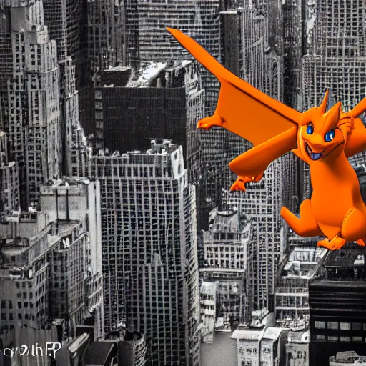 Prompt: charizard flying above new york, videogame still, portrait, 4 0 mm lens, shallow depth of field, close up, split lighting, cinematic