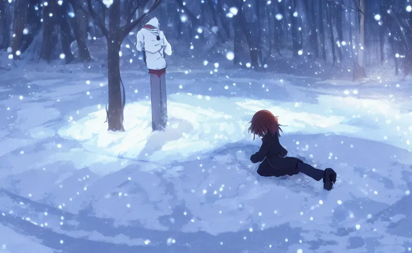 Prompt: An anime girl making a snow angel in the snow, anime scene by Makoto Shinkai, digital art