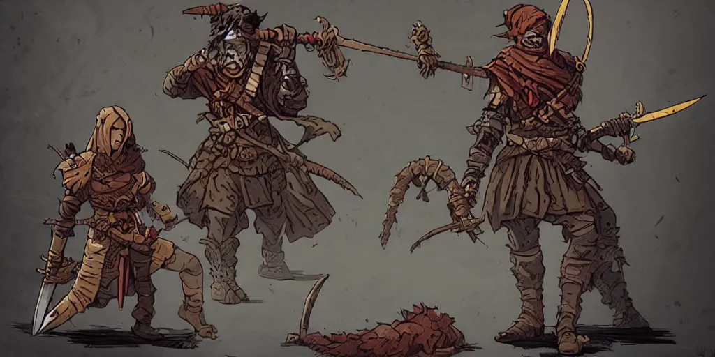 Image similar to warrior character design, idle, colored, sword, sprite, darkest dungeon, pc game, sideview, art by moebius and greg rutkowski.