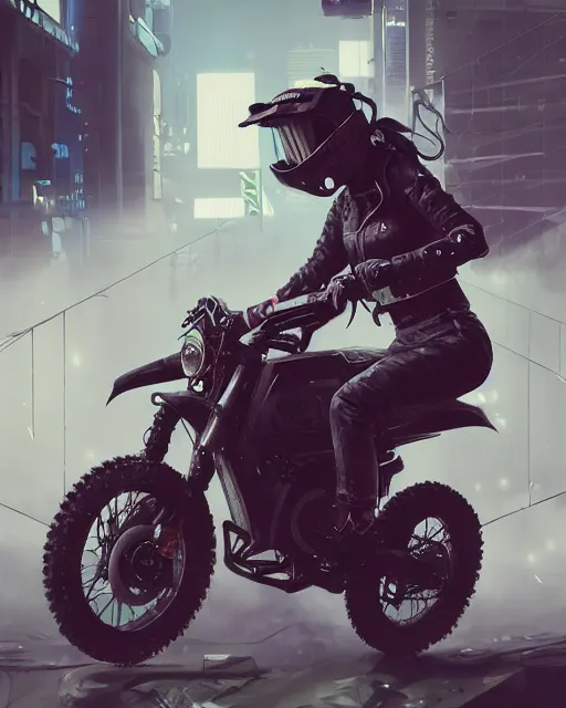 Image similar to koyto animation girl wearing cyberpunk intricate streetwear riding dirt bike, respirator, detailed portrait, cell shaded, 4 k, concept art, by wlop, ilya kuvshinov, artgerm, krenz cushart, greg rutkowski, pixiv. cinematic dramatic atmosphere, sharp focus, volumetric lighting, cinematic lighting, studio quality