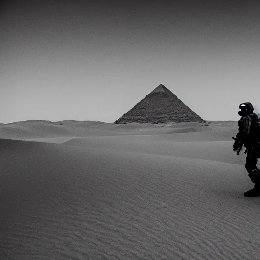 Prompt: a heavily armored man wearing a gasmask, walking over sand dunes, pyramid in background, film still, alexa 6 5, in color