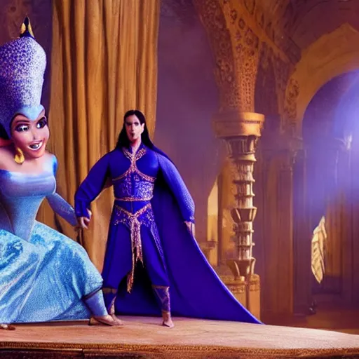 Image similar to kim kardashian in alladin live action, 8k full HD photo, cinematic lighting, anatomically correct, oscar award winning, action filled, correct eye placement,