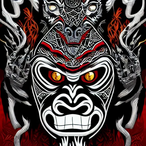 Image similar to barong family member, wiwek, mara demon, one single tribe member, jungle, one single mask, dark, ancient warrior, gorilla, lizard, tribal, black and white, red eyes, art by dan mumford