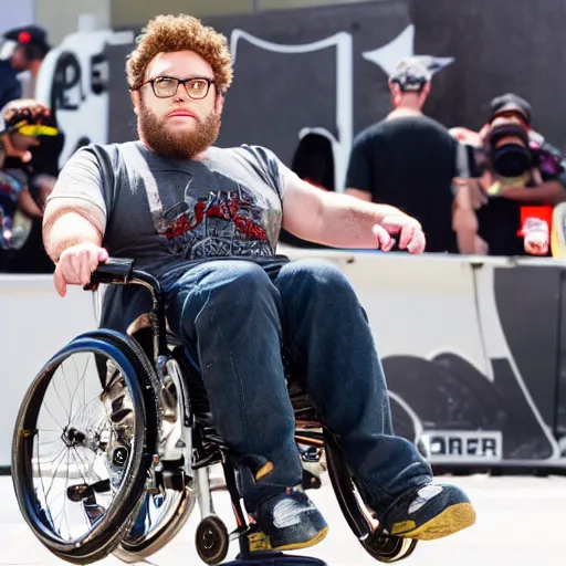 Image similar to seth rogan in a wheelchair at x - games magazine action photo