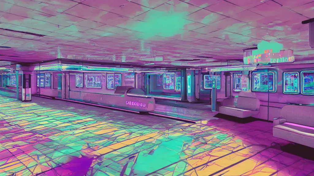 Prompt: vaporwave inferable train floor in a bright lobby, iso 2 0 0